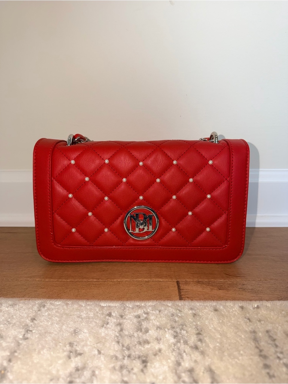 Badgley Mischka Enzo Red Quilted Crossbody with Pearls